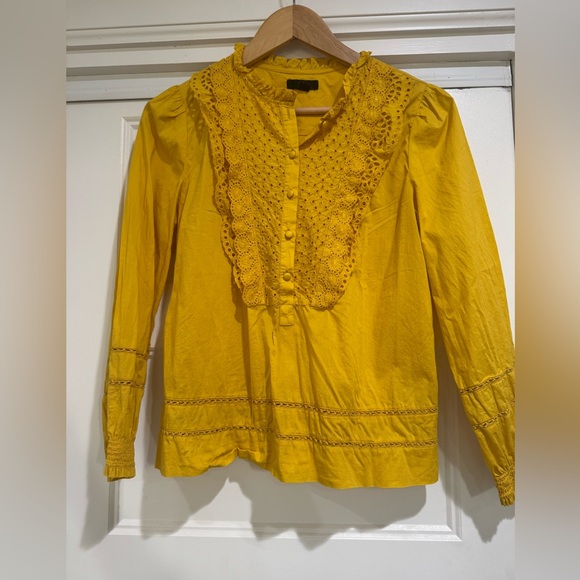 J.Crew gold Yellow Eyelet Ruffle Popover bib Blouse Top Shirt - Picture 4 of 10